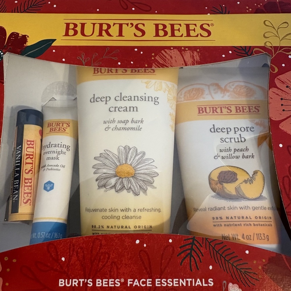 Burts Bees Face Essentials NIB 4 PC Set, Cleansing Cream, Scrub, Mask, Lip Balm - Picture 2 of 5